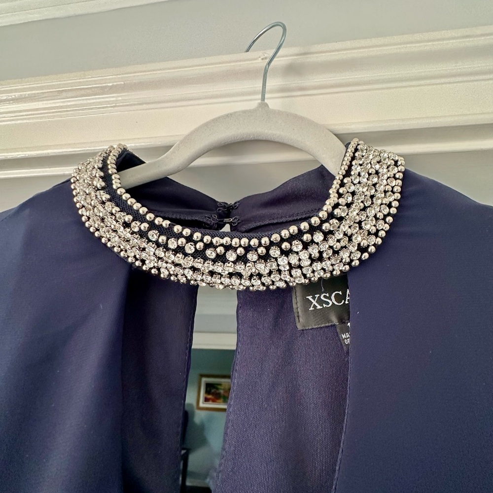 Xscape Women's Short Navy Dress Chiffon Overlay and Bead Choker Neck Size 16 EUC - Picture 7 of 10